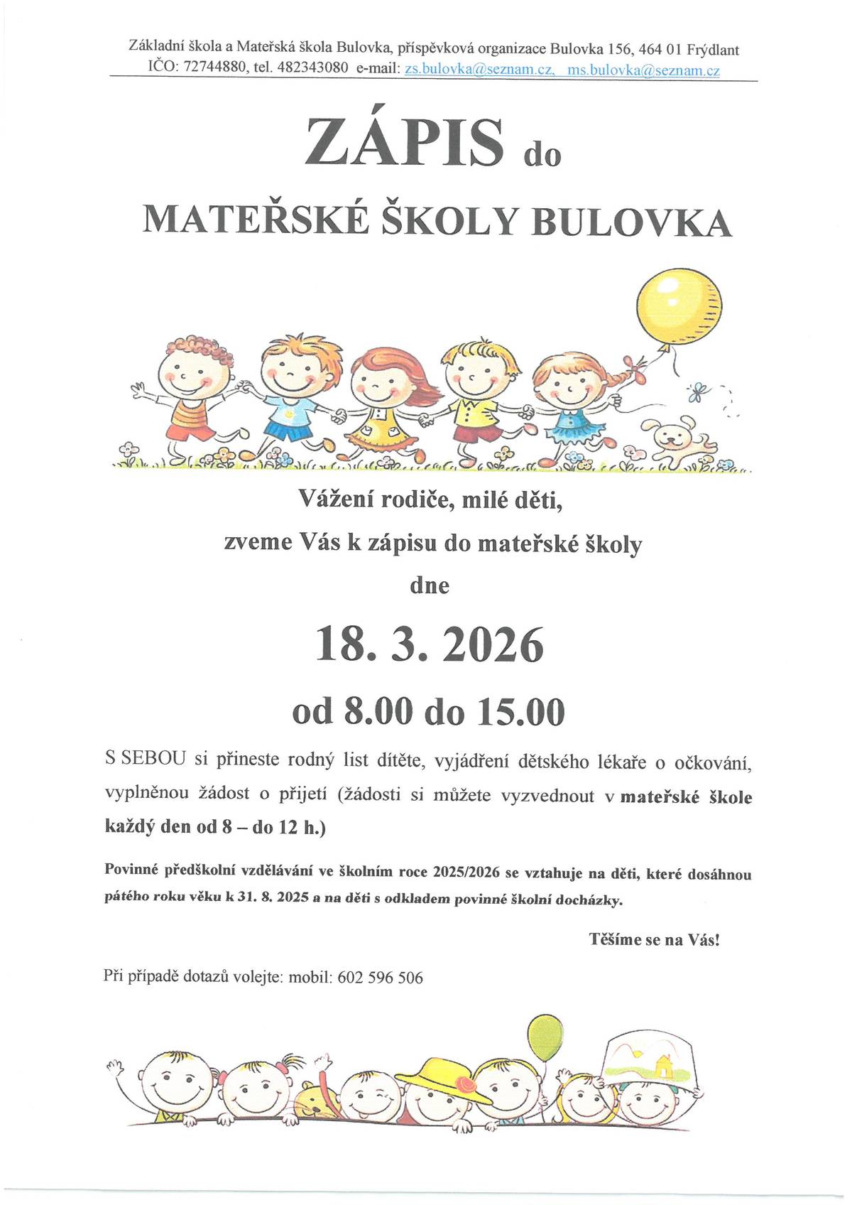 Zápis do Mateřské školy Bulovka 18.3.2026