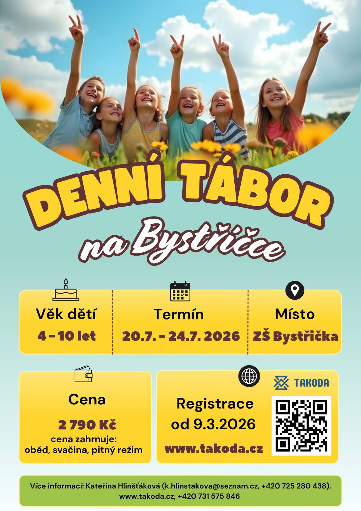 Pokud hledáte pro děti zábavný program plný her, dobrodružství a nových kamarádů, denní tábor je tou nejlepší možností 🌞 Přihlašování na webových stránkách www.takoda.cz je spuštěno od pondělí 9.3.2026.