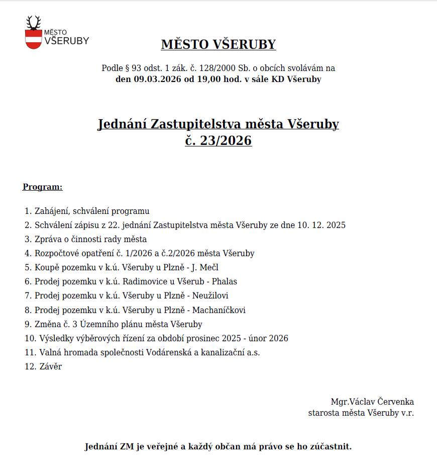 Dnes, 9. 3. 2026 od 19 hod, proběhně v kulturním domě 23. jednání zastupitelstva města.