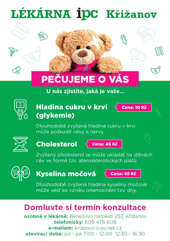 Dobrý den, lékárna ipc Křižanov rozšiřuje své služby o testování: hladiny cukru v krvi, cholesterolu a kyseliny močové. Možnost domluvení termínu konzultace v lékárně ipc Křižanov. Obec Sviny