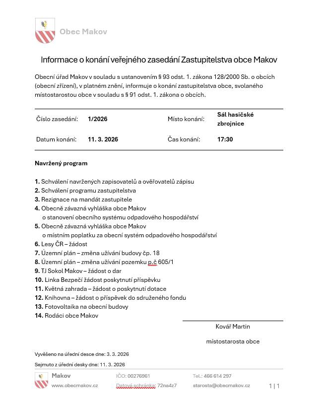 Pozvánka na veřejné zasedání Zastupitelstva obce Makov, konané ve středu 11.3.2026 od 17:30 na sále hasičské zbrojnice.