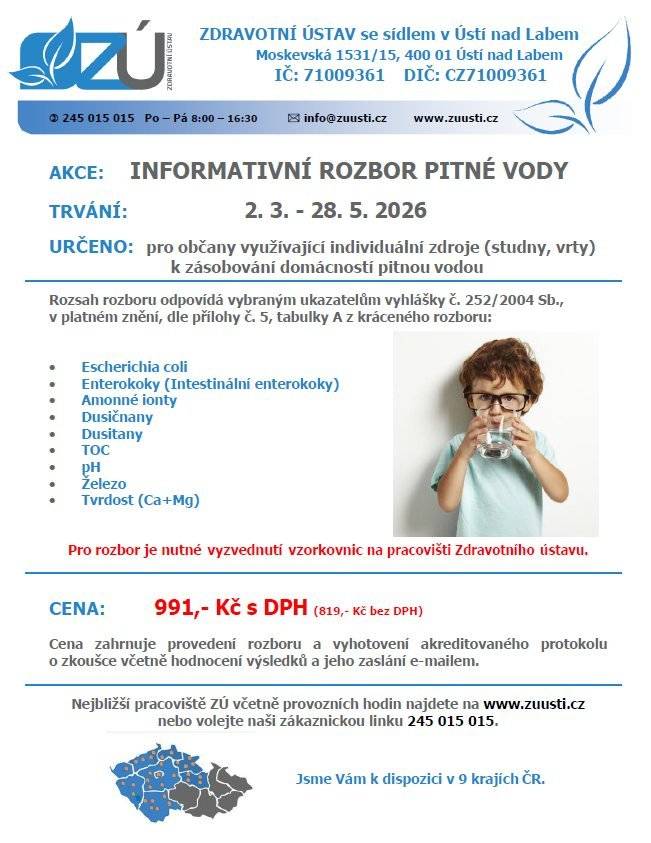 Využíváte k zásobování domácnosti pitnou vodou studnu či vrt? Zdravotní ústav se sídlem v Ústí nad Labem za výhodných podmínek nabízí provedení informativního rozboru a vyhotovení akreditovaného protokolu.