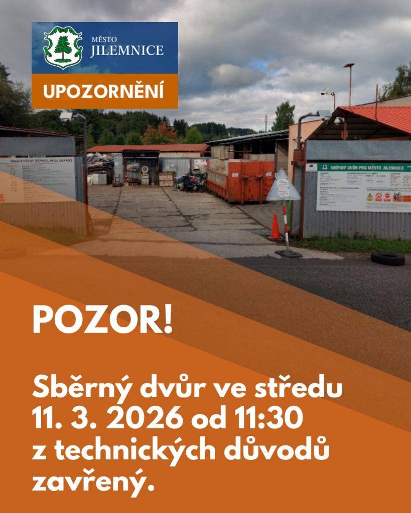 Ve středu 11. března 2026 bude sběrný dvůr od 11:30 z technických důvodů UZAVŘEN.  Děkujeme za pochopení!