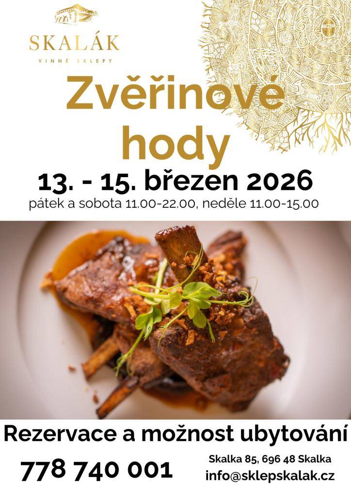 Tradiční zvěřinové hody se konají od 13. do 15. března 2026. Přijďte si užít víkend dobrého jídla. V pátek a sobotu bude akce probíhat od 11:00 do 22:00 a v neděli od 11:00 do 15:00. Nezapomeňte na možnost rezervace a ubytování.