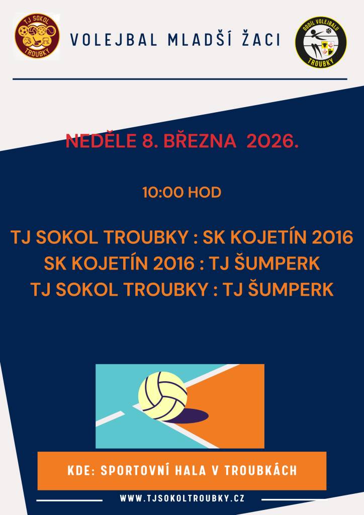 TJ Sokol Troubky oddíl volejbalu zve své příznivce v neděli 8. 3. 2026 od 10 hodin do Sportovní haly v Troubkách na utkání Krajského kola ve volejbalu mladších žáků.