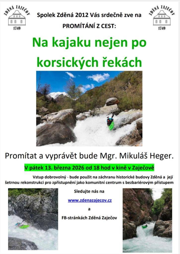 Promítat a vyprávět bude Mgr. Mikuláš Heger  Vstupné DOBROVOLNÉ - bude použito na záchranu historické budovy Zděná a její šetrnou rekonstrukci pro využití jako komunitní centrum s bezbariérovým přístupem. Sledujte nás na www.zdenazajecov.cz a FB stránkách Zděná Zaječov.