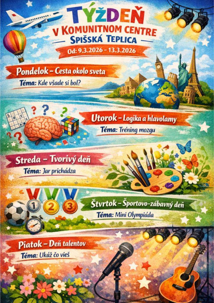 Srdečne pozývame všetky deti na zaujímavé aktivity do Komunitného centra v týždni od 9.3. do 13.3.2026.