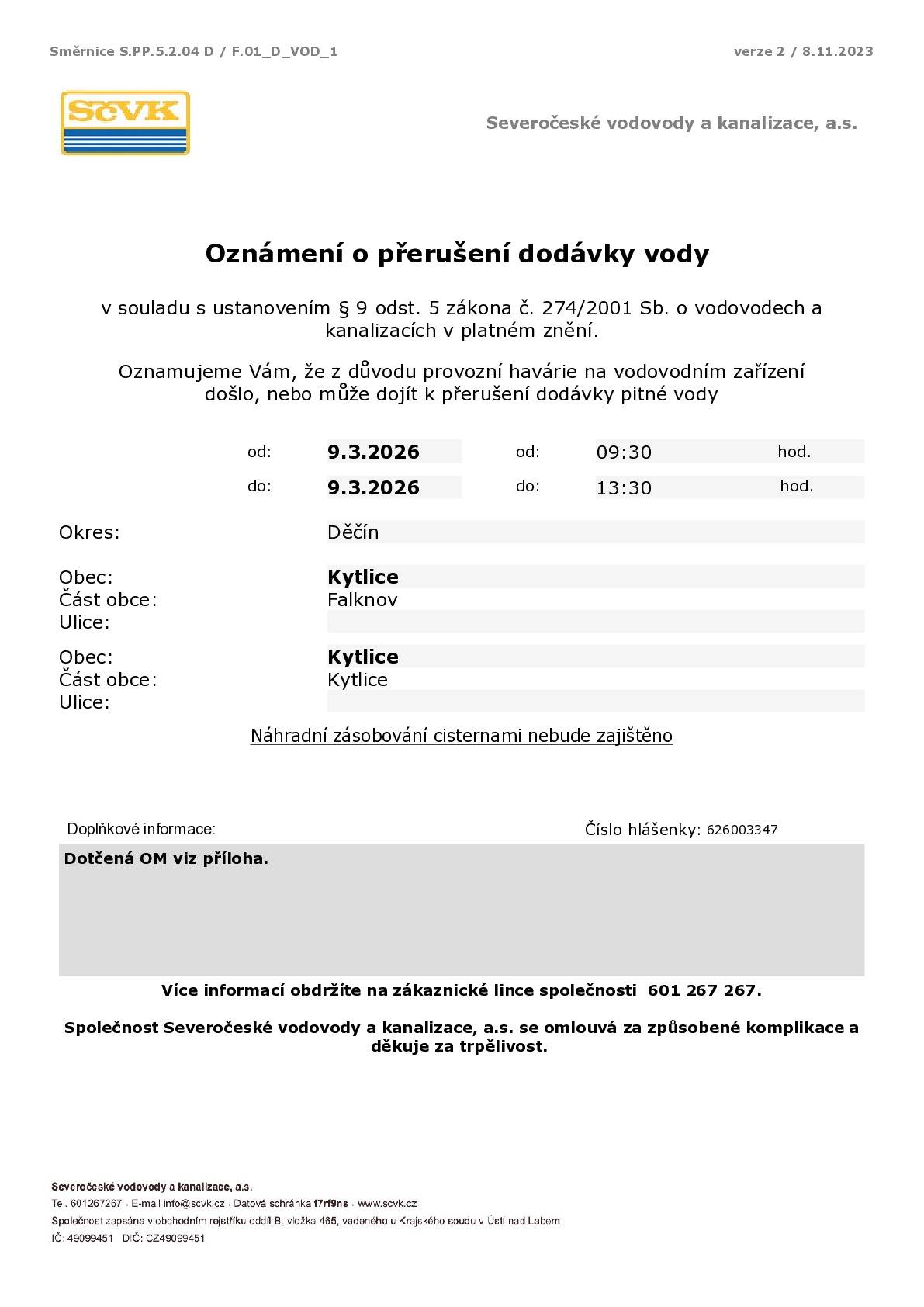 Přerušení dodávky vody z důvodu havárie vodovodu. Obnovení dodávky předpokládáme 13:30 hod.