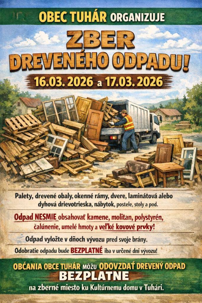 Obec Tuhár vyhlasuje zber dreveného odpadu dňa 16. marca a 17. marca 2026.