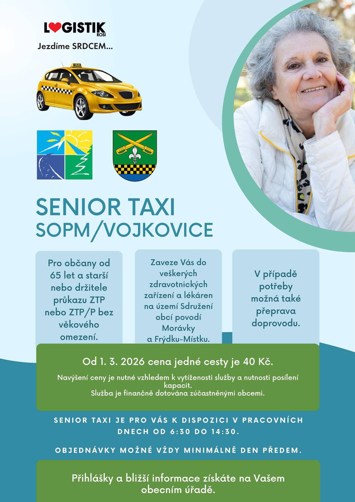 Informuje seniory, kteří již využívají nebo budou nově využívat službu SENIOR TAXI, že k 1. březnu 2026 dochází ke změně poplatku za jednu jízdu (jeden směr) z 30 Kč na 40 Kč. ke změně poplatku dochází ze strany provozovatele Senior taxi.