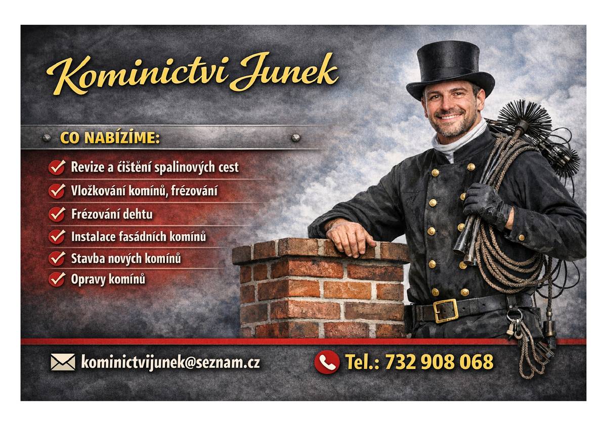 Kominictví Junek bude v naší obci provádět dne 16.3.2026 čištění komínů. Objednat se můžete na tel. čísle: 732 908 068.