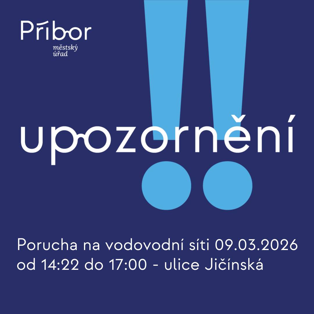 Upozorňujeme občany, že z důvodu poruchy na vodovodní síti došlo k přerušení dodávky vody v části ulice Jičínská v Příboře. Zahájení opravy: 9. 3. 2026 ve 14:22 Předpokládané ukončení prací: přibližně do 17:00 Dotčená oblast: část ulice Jičínská Opravu zajišťuje společnost Severomoravské vodovody a kanalizace Ostrava a.s..