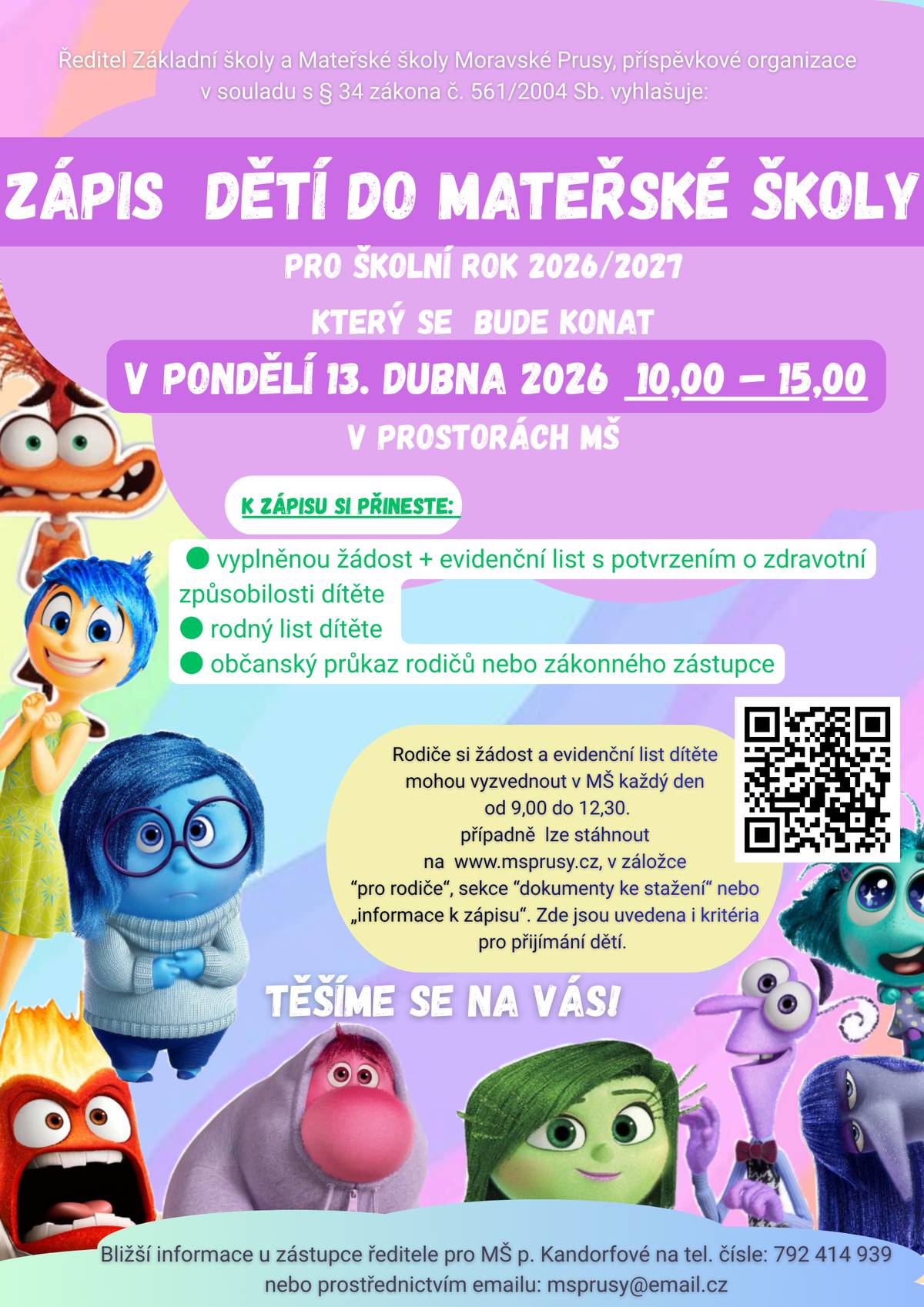 Oznamujeme občanům, že od 9. do 16. března vybírají poplatky za svoz komunálního odpadu, stočné, poplatek za psa a zpravodaj obce. Poplatky můžete uhradit v hotovosti v kanceláři OÚ v úředních hodinách: Pondělí a středa 8:00-12:00 a 13:00-17:00 nebo bezhotovostní úhradou poukázat příslušnou částku na účet obce. Jako variabilní symbol je nutné uvést číslo popisné nemovitosti, za kterou dle vyhlášky obce poplatek hradíte. Po připsání platby na účet obce vám bude doručena známka na popelnici.   Drůbežárna Prace bude v pátek 13. 3.  v 15:00 hod. prodávat: mladé kuřice a kohouty, krmivo pro drůbež a králíky, vitamínové doplňky a dále pak vykupovat králičí kožky - cena 10 Kč/ks.   Ředitel Základní školy a Mateřské školy Moravské Prusy, příspěvkové organizace v souladu s § 34 zákona č. 561/2004 Sb. vyhlašuje: ZÁPIS dětí do mateřské školy pro školní rok 2026/2027, který se bude konat v pondělí 13. dubna 2026 od 10,00 do 15,00 hodin v prostorách MŠ. K zápisu si přineste: ● vyplněnou žádost + evidenční list s potvrzením o zdravotní způsobilosti dítěte ● rodný list dítěte ● občanský průkaz rodičů nebo zákonného zástupce   Rodiče si žádost a evidenční list dítěte mohou stáhnout na webových stránkách msprusy.cz, v záložce “pro rodiče“, sekce “dokumenty ke stažení“ nebo „informace k zápisu“. Zde jsou uvedena i kritéria pro přijímání dětí. Bližší informace u zástupce ředitele pro MŠ p. Kandorfové na tel. čísle: 792 414 939 nebo prostřednictvím emailu: msprusy@email.cz