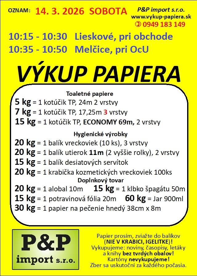 Výkup papiera výmenou za hygienické výrobky  - v sobotu 14. marca 2026