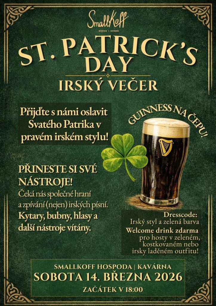Přijďte s námi oslavit svátek Svatého Patrika v pravém irském stylu! Můžete se těšit na čepovaný GUINNESS. Přineste své nástroje, čeká nás společné hraní a zpívání (nejen) irských písní. Kytary, bubny, hlasy a další nástroje vítány! Dresscode: irský styl a zelená barva.