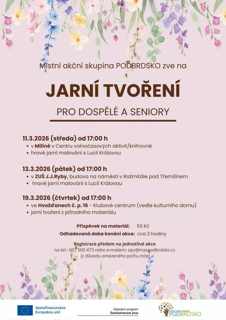 Místní akční skupina Podbrdsko zve dospělé a seniory na Putovní jarní tvoření, které v březnu postupně zavítá do několika obcí regionu. Setkání nabídnou příjemný prostor pro kreativní zastavení i milá sousedská setkání. V Rožmitále mohou zájemci tvořit 13. března.
