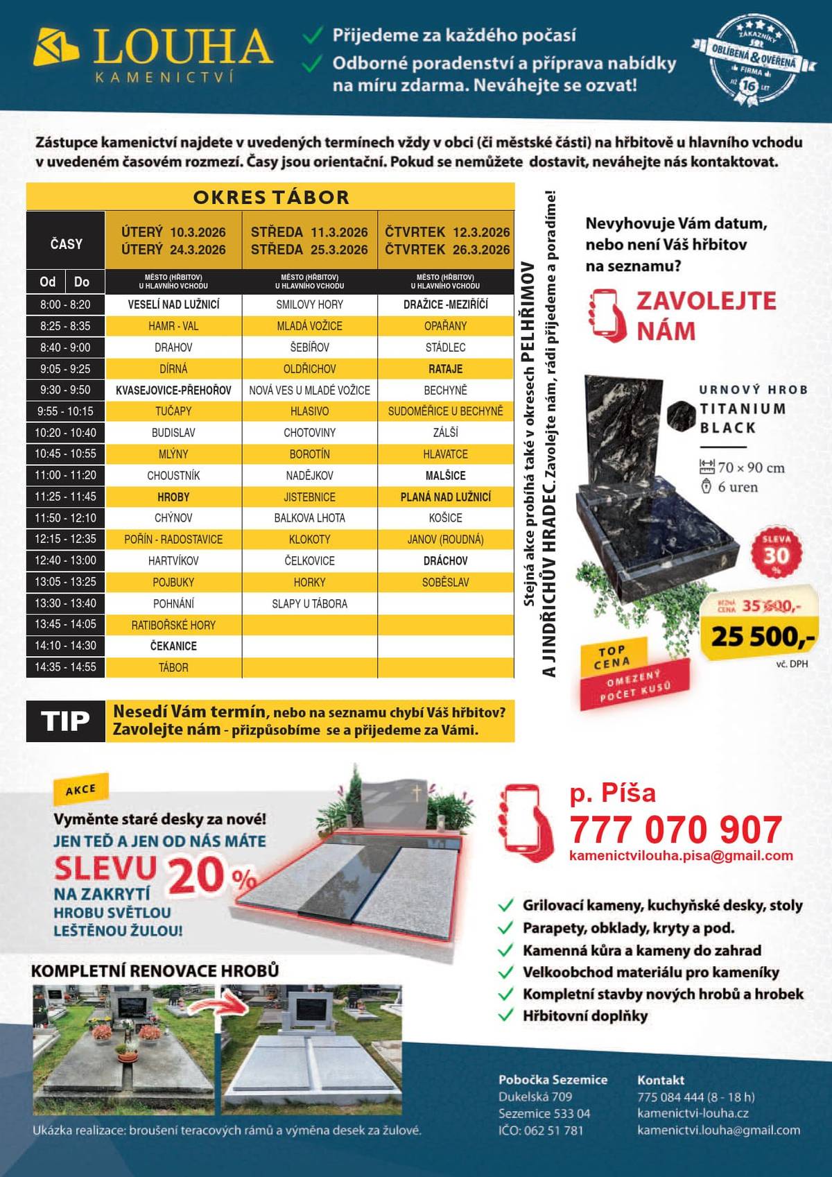 11. a 25. března 2026 od 11:25 do 11:45 hod. - u hlavního vchodu na hřbitově v Jistebnici