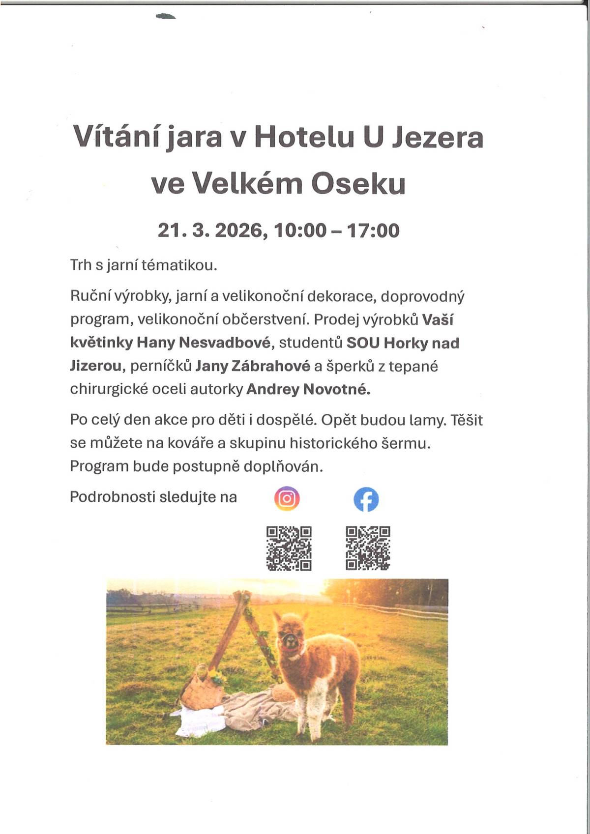 Vítání jara v Hotelu U Jezera ve Velkém Oseku v sobotu 21.3. od 10.00 do 17.00 hod.