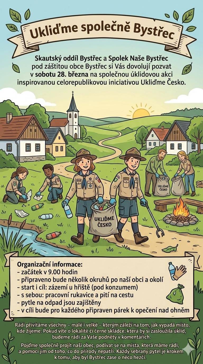 Skautský oddíl Bystřec a Spolek Naše Bystřec pod záštitou obce Bystřec si Vás dovolují pozvat v sobotu 28. března na společnou úklidovou akci inspirovanou celorepublikovou iniciativou Ukliďme Česko.  Pojďme společně projít naši obec, podívat se na místa, která máme rádi, a pomoci jim od toho, co do přírody nepatří. Každý sebraný pytel je krokem k tomu, aby byl Bystřec zase o něco hezčí.  Organizační informace: - začátek v 9.00 hodin - připraveno bude několik okruhů po naší obci a okolí - start i cíl: zázemí u hřiště (pod konzumem) - s sebou: pracovní rukavice a pití na cestu - pytle na odpad jsou zajištěny - v cíli bude pro každého připraven párek k opečení nad ohněm Rádi přivítáme všechny – malé i velké – kterým záleží na tom, jak vypadá místo, kde žijeme. Pokud víte o lokalitě či černé skládce, která by si zasloužila úklid, budeme rádi za Vaše podněty v komentářích.