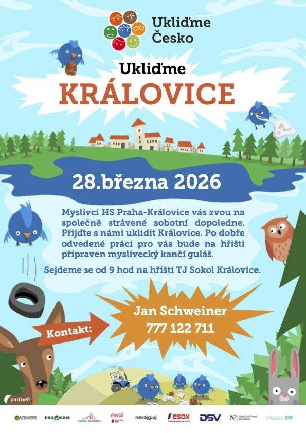 Rádi bychom vás pozvali na další ročník akce Ukliďme Česko – Ukliďme Královice. 🌱 Sejdeme se v sobotu 28. března 2026 od 9:00 na hřišti TJ Sokol Královice. Připravili jsme pro vás několik tras, včetně tras vhodných pro děti, které vedou mimo silnice. K dispozici bude dostatek pytlů na odpad i pracovních rukavic. Po skončení úklidu pro vás budou mít myslivci připravený kančí guláš a na hřišti si budete moci koupit pivo nebo kofolu. 🍲🍺 Přijďte nám pomoci uklidit po zimě, aby bylo u nás v Královicích zase o něco krásněji. Prosíme, vybavte se turistickou obuví a reflexní vestou – bezpečnost je vždy na prvním místě. Těšíme se na vás! Jan Schweiner a Honební společenstvo Praha-Královice
