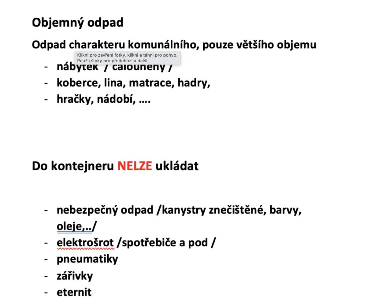 Nebezpečný odpad bude vyvezen dne 21. 3. v čase 9.15 - 9.30. Kontejner na objemný odpad bude přistaven ve čtvrtek dne 2. 4. a v průběhu Velikonoc bude možné do něho umisťovat objemný odpad. Více podrobností v přiloženém letáčku.