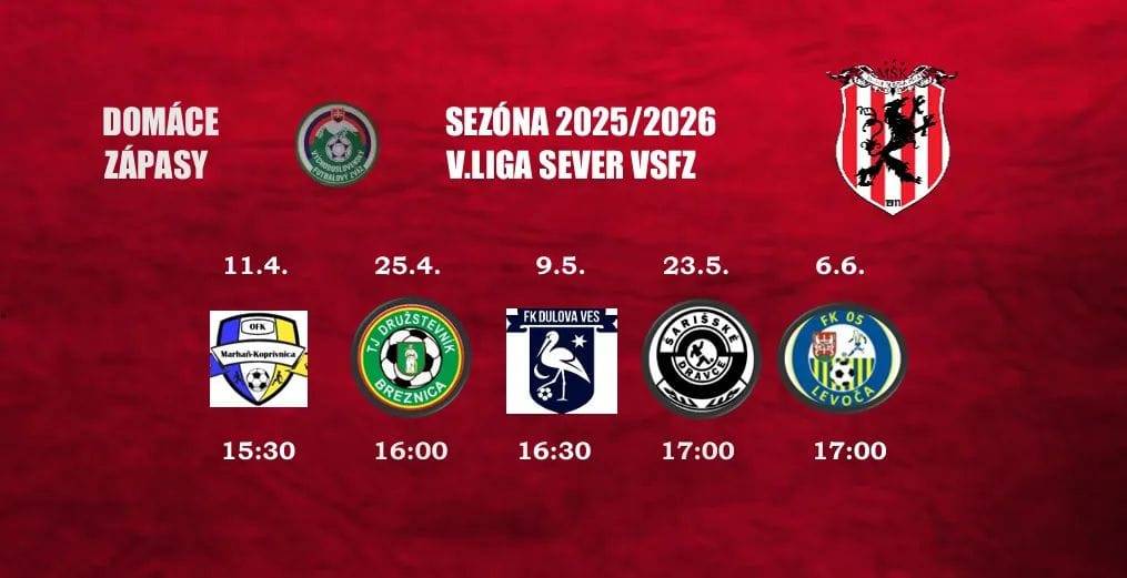22. marca 2026 sa začína jarná časť 5. futbalovej liga VSFZ – skupiny SEVER. Po jesennej časti je MŠK Slavoj Spišská Belá na 10. miesto zo 14 družstiev ligy. Jesenná...