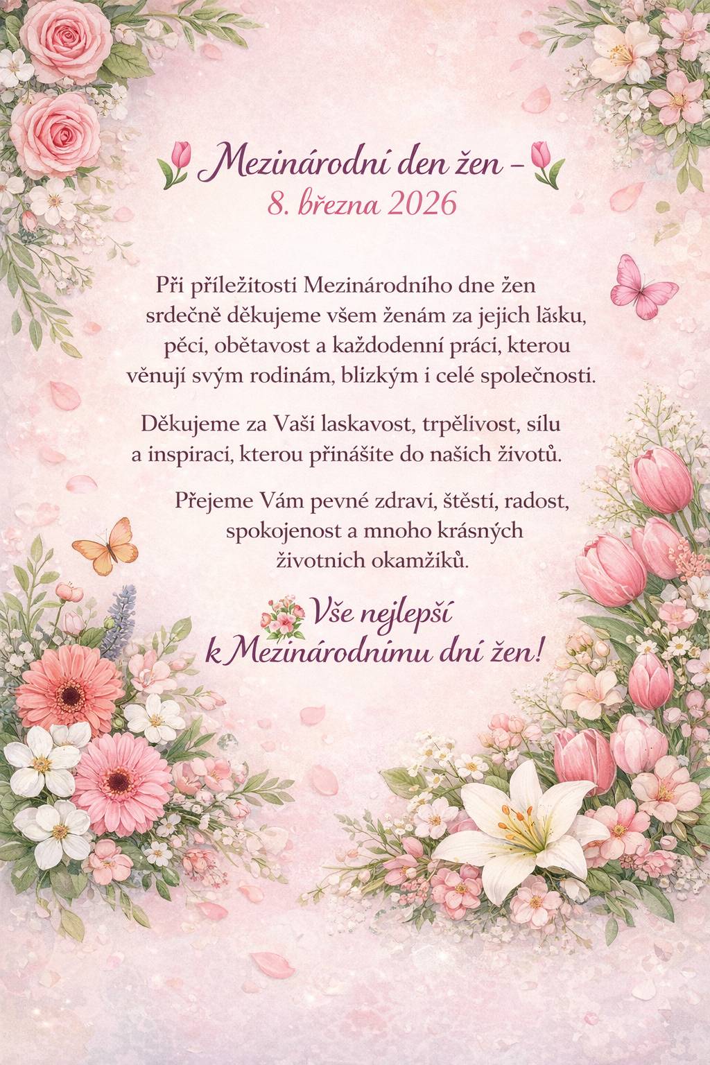 Při příležitosti Mezinárodního dne žen srdečně děkujeme všem ženám za jejich lásku, péči, obětavost a každodenní práci, kterou věnují svým rodinám, blízkým i celé společnosti. Děkujeme za Vaši laskavost, trpělivost, sílu a inspiraci, kterou přinášíte do našich životů. Přejeme Vám pevné zdraví, štěstí, radost, spokojenost a mnoho krásných životních okamžiků. 💐 Vše nejlepší k Mezinárodnímu dni žen!