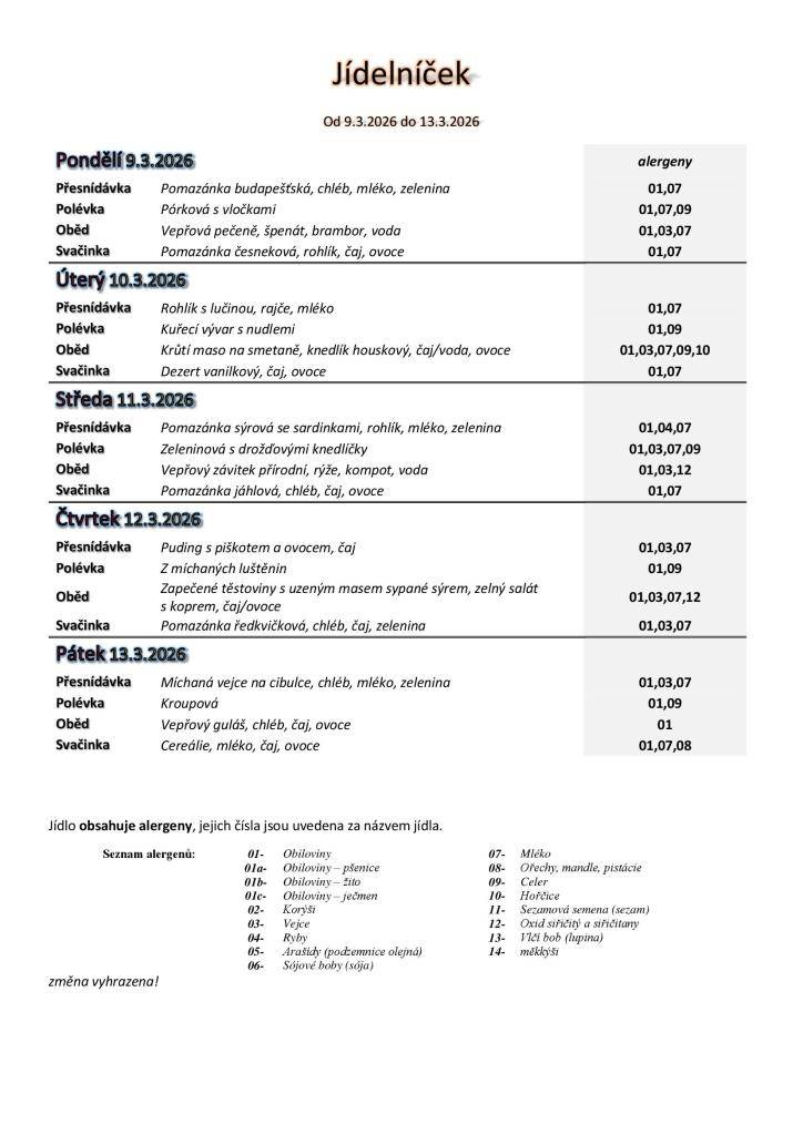 jídelníček základní školy platný v týdnu od 9. do 13.3.2026.