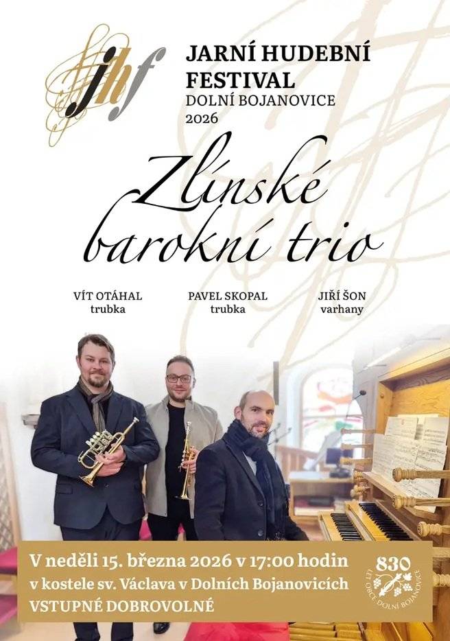 Obec Dolní Bojanovice ve spolupráci s farností vás zvou na koncert Jarního hudebního festivalu, který se uskuteční v neděli 15. března v 17:00 hodin v kostele sv. Václava v Dolních Bojanovicích. Účinkuje Zlínské barokní trio a těšit se tak můžete na průřez skladeb klasiků až po současné skladatele. Vstupné je dobrovolné.