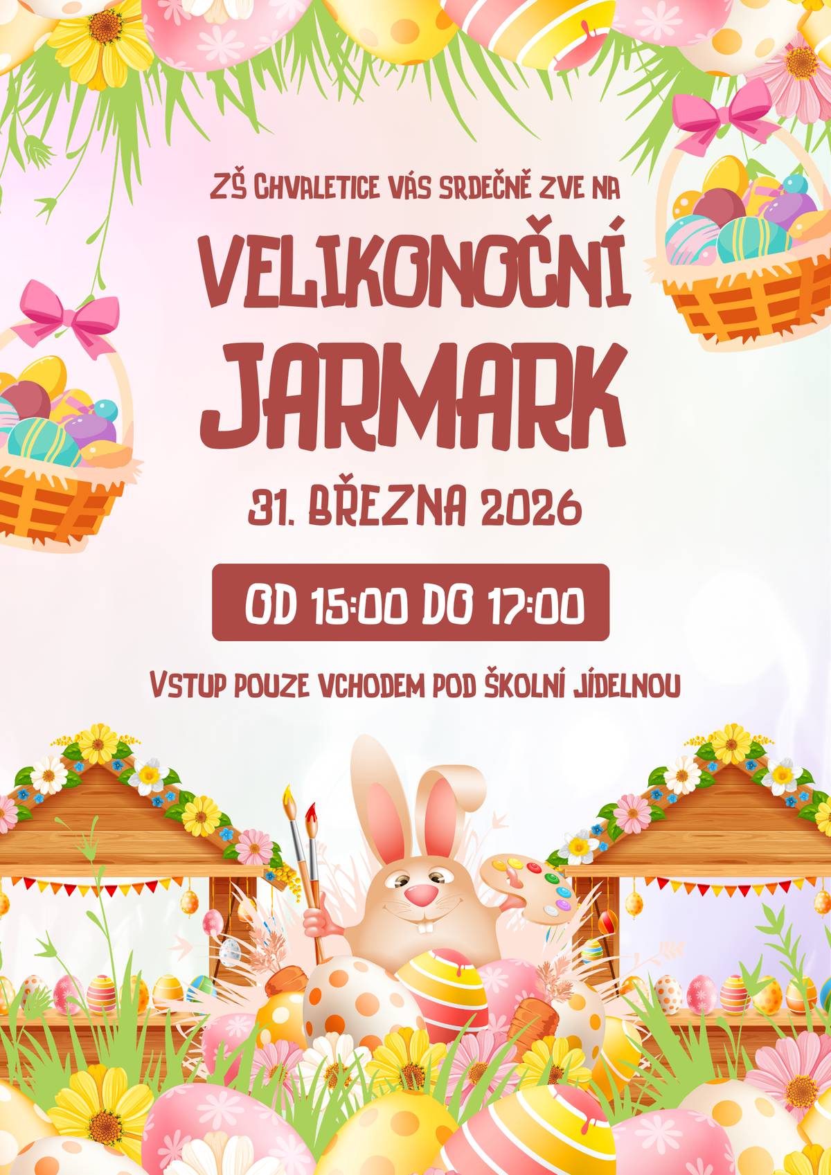 Základní škola Chvaletice zve veřejnost na Velikonoční jarmark, který se uskuteční v úterý 31. 3. 2026 od 15 do 17 hodin v prostorách školy. Vstup na akci je vchodem do školní jídelny.
