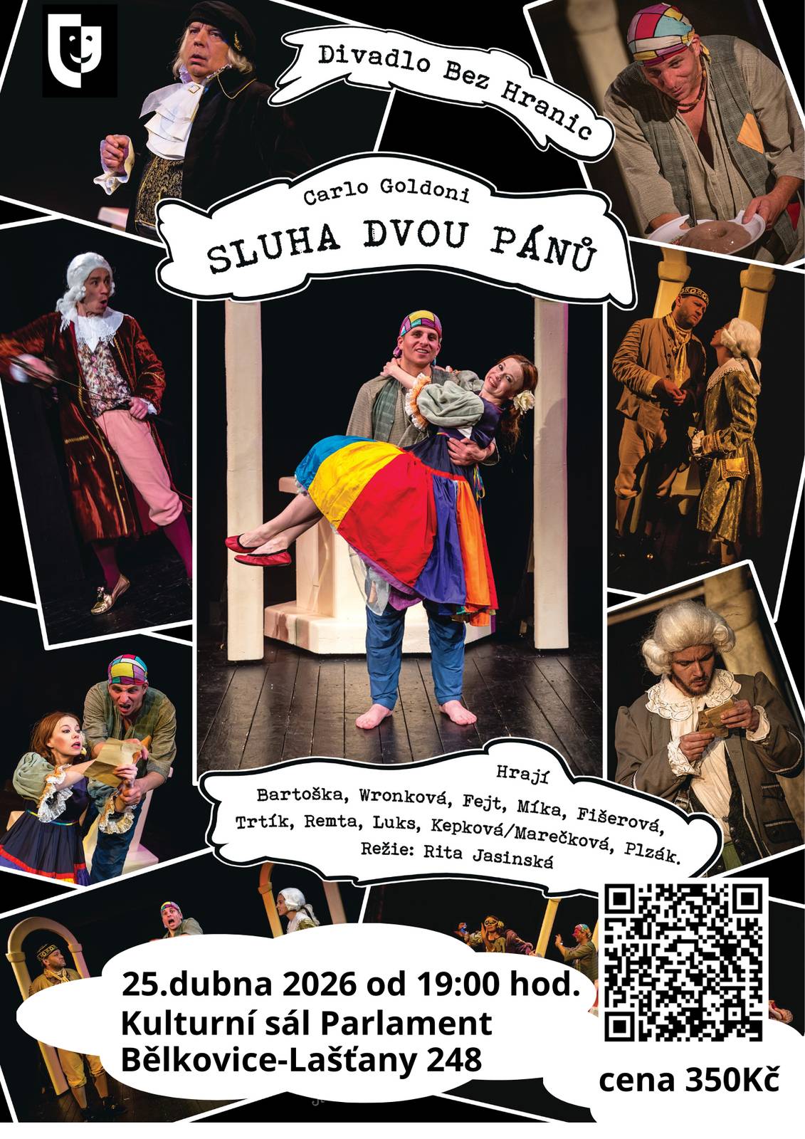 Divadlo, které hru uvádí: Divadlo Bez Hranic, pražská scéna (Divadlo Applause je zastupující agentura, která představení prodává) Anotace: Carlo Goldoni: Sluha dvou pánů Interaktivní komedie plná improvizace, ve které se divák stává nedílnou a důležitou součástí představení. Benátky! A všude kolem takové pozdvižení!! Že by zde probíhal legendární karneval? Ale kdeže… to se jen sluha Truffaldino rozhodl sloužit dvěma pánům zároveň. A že taková služba není nic lehkého a přináší s sebou nespočet omylů a problémů, je tedy celkem nasnadě. Rej bláznivých situací, interaktivních výstupů commedie dell arte, písní, šermů a hlavně skvělé zábavy tedy může začít… Klasická komedie žánru dell´arte, ve které naleznete originální písně, improvizaci a především mnoho interaktivních komických situací, které můžete pomoci rozřešit právě Vy!