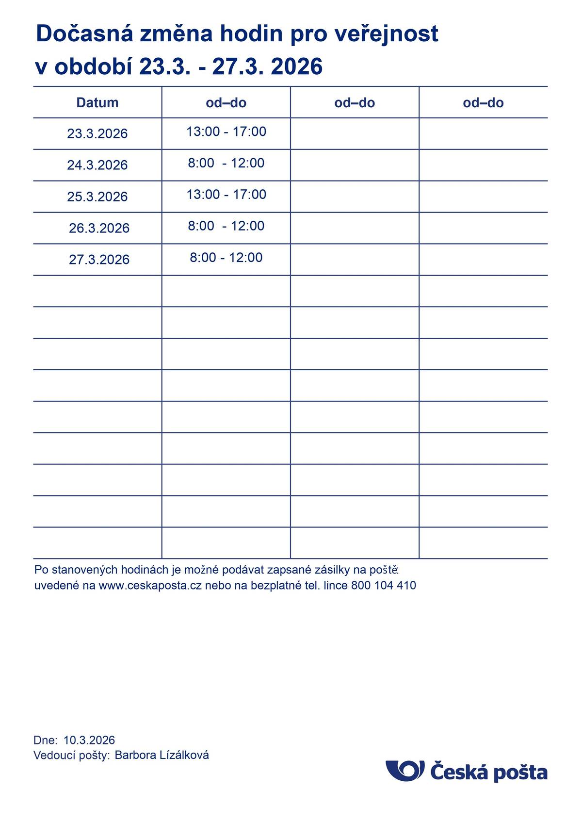 Informujeme občany o dočasné změně provozní doby Pošty Partner v období od 23. 3. 2026 do 27. 3. 2026.  Děkujeme za pochopení.
