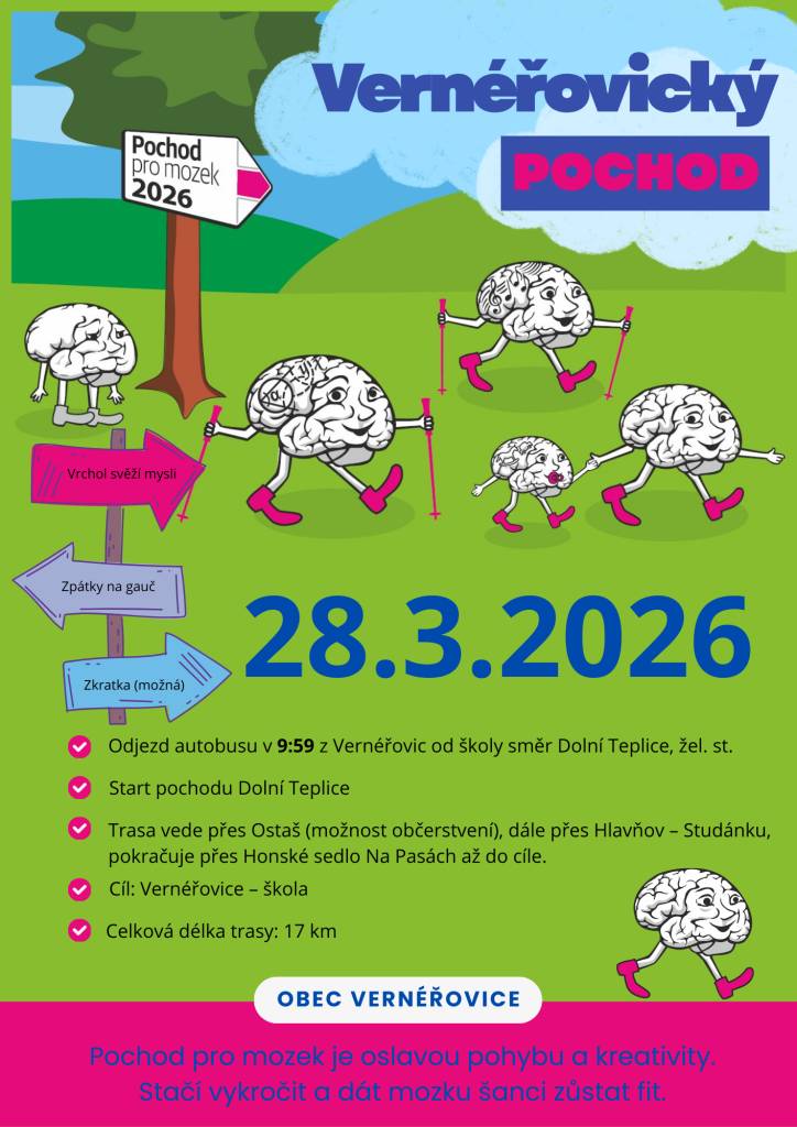 Stačí vykročit a dát mozku šanci zůstat fit.  V sobotu 28.března 2026 odjezd autobusem od školy v 9.59.