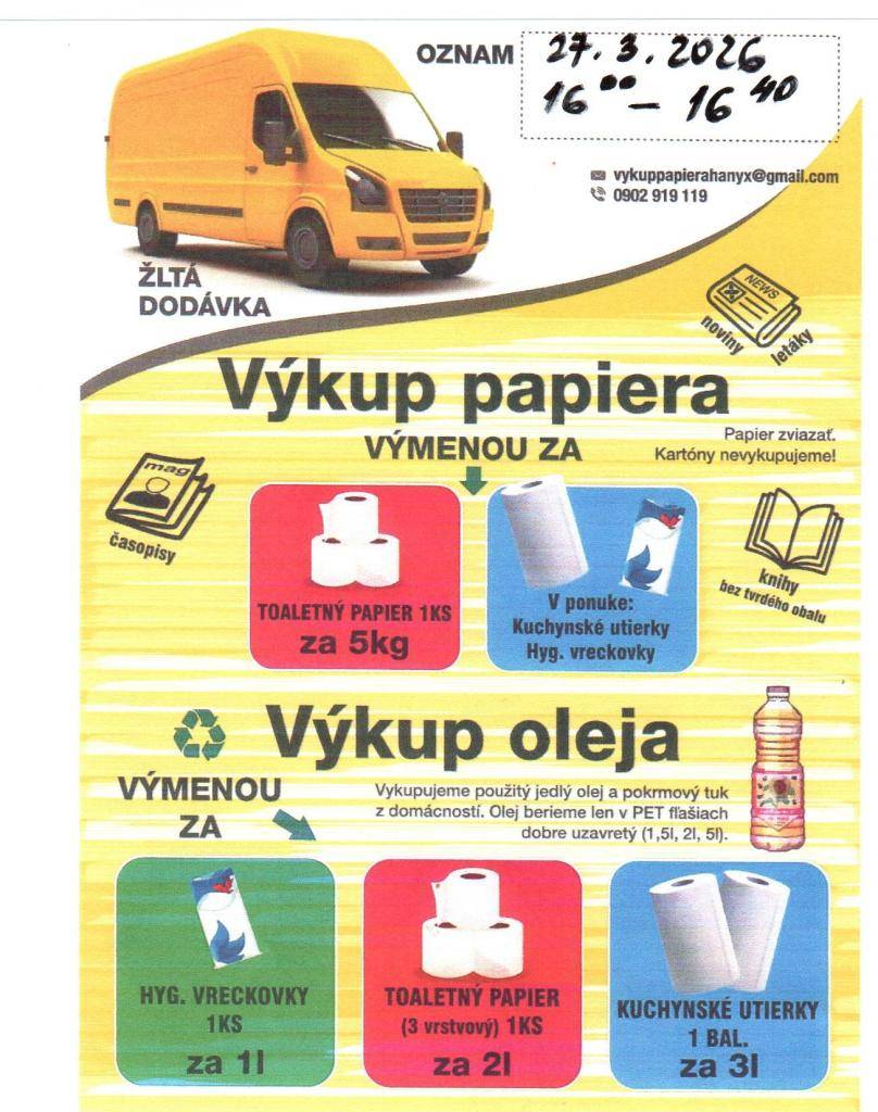 Výkup papiera a oleja sa uskutoční dňa 27.03.2026 od 16.00 - 16.40 hod. Bližšie info na priloženom letáku.