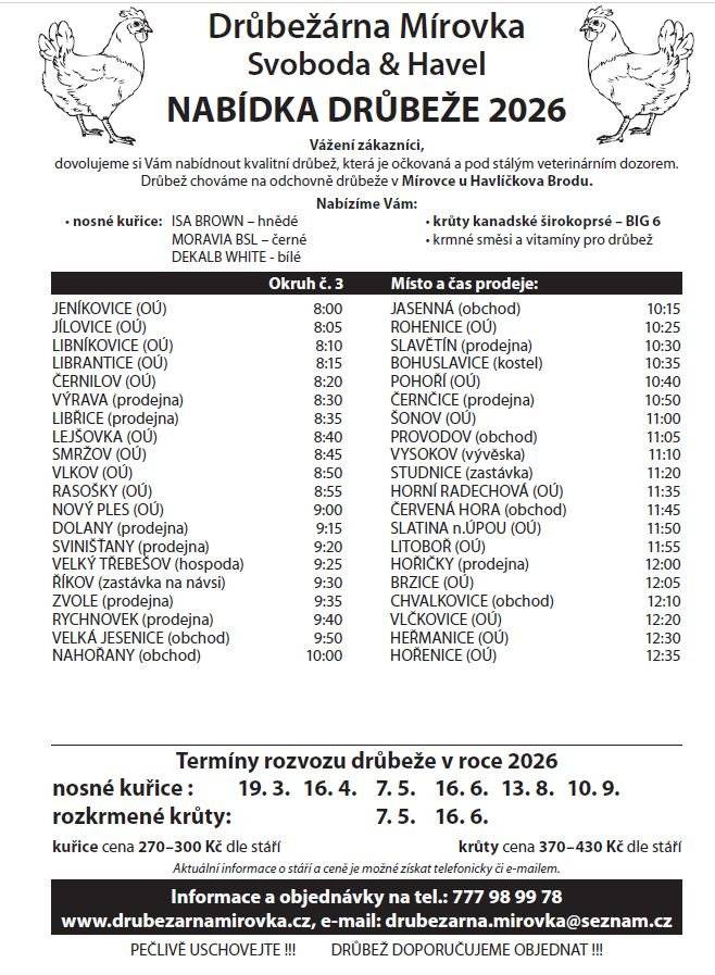 DRŮBEŽÁRNA MÍROVKA, Svoboda-Havel, prodává ve čtvrtek 19. března 2026 v 8:00 hod. u OÚ nosné kuřice  (hnědé, černé a bílé) - stáří 20-21 týdnů, cena 300  Kč/ks. Objednání  je možné na tel.: 777 98 99 78 nebo drubezarna.mirovka@seznam.cz.