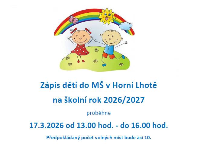 Základní škola a Mateřská škola Velká Polom zve rodiče a jejich děti na zápis do mateřské školy v Horní Lhotě na školní rok 2026/2027. Zápis se koná 17. března 2026 od 13:00 do 16:00 hodin. Budeme se těšit na 10 nových dětí.