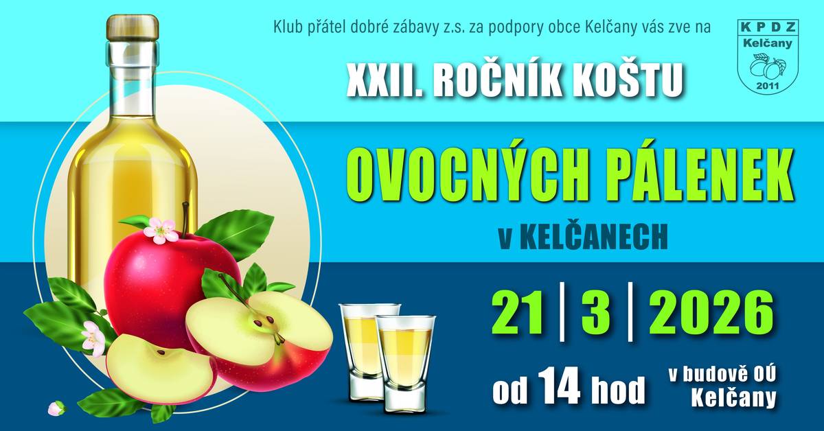 Klub dobré zábavy z.s. Kelčany vás zve na XXII. ročník koštu ovocných pálenek. V sobotu 21. 3. 2026 ve 14 hod. v bodově OÚ Kelčany.