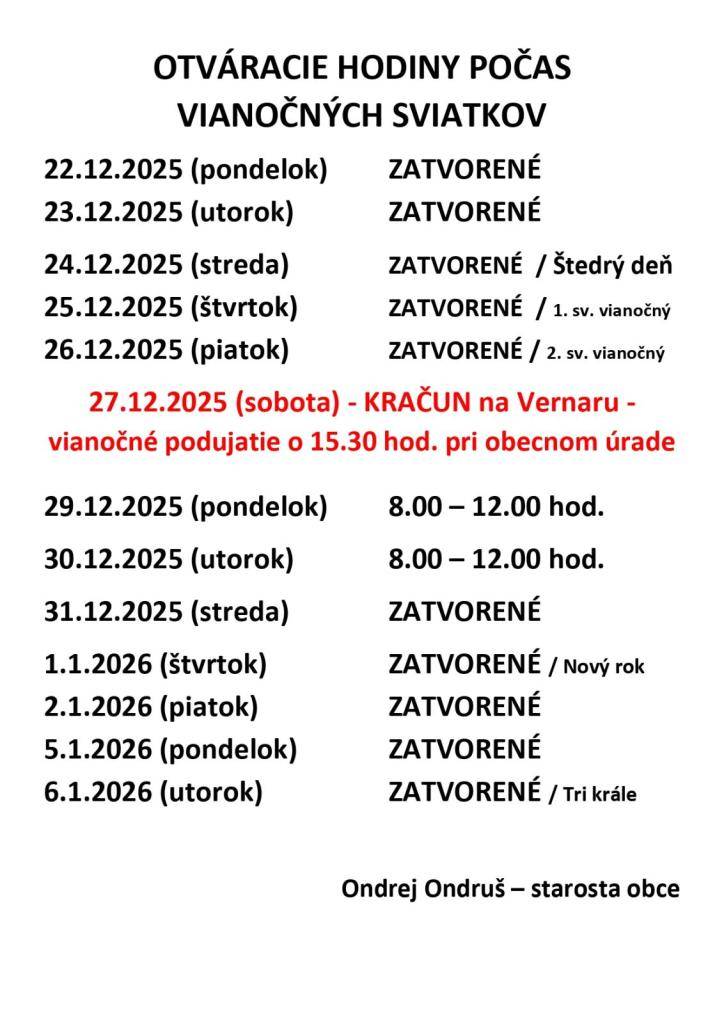Vianoce 2025 - otváracie hodiny obecného úradu