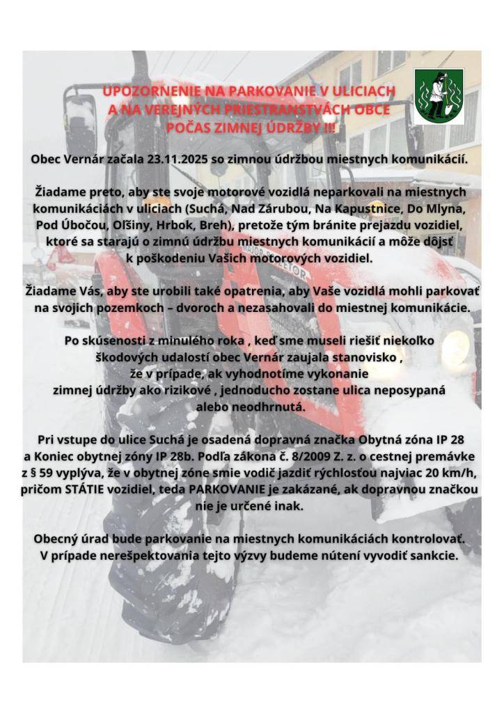 Upozornenie - parkovanie v uliciach počas zimnej údržby