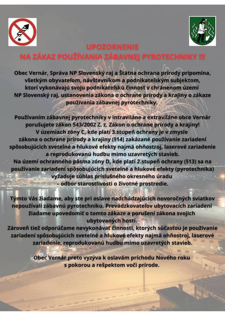 Upozornenie - zákaz používania zábavnej pyrotechniky
