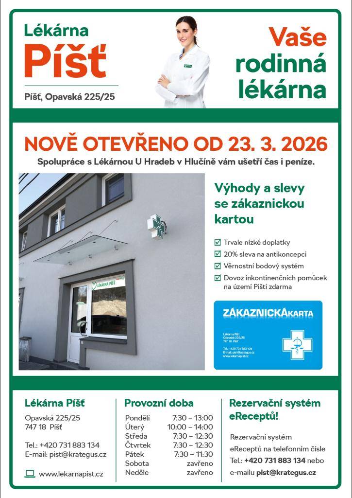 Lékárna Píšť otevřena od 23.3.2026