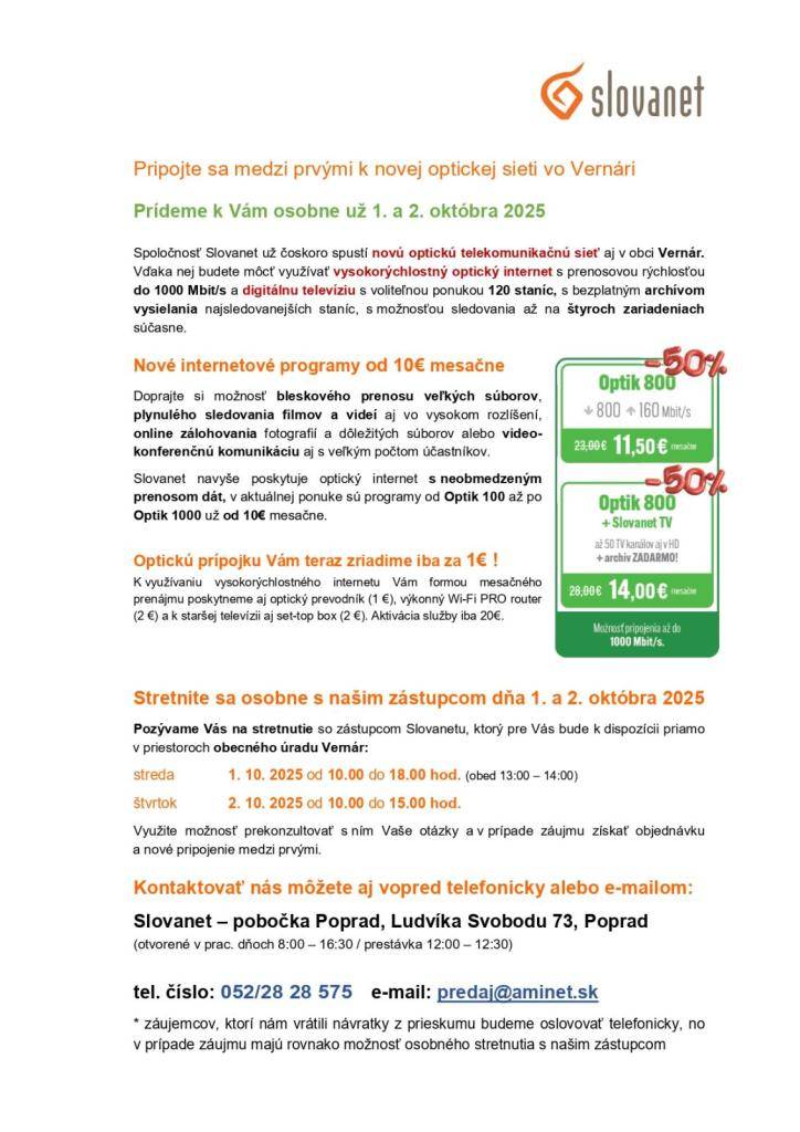 Oznam o novej optickej sieti v obci Vernár a návšteve zástupcu Slovanetu