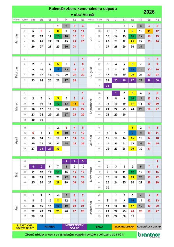 Kalendár triedeného zberu KO na rok 2026