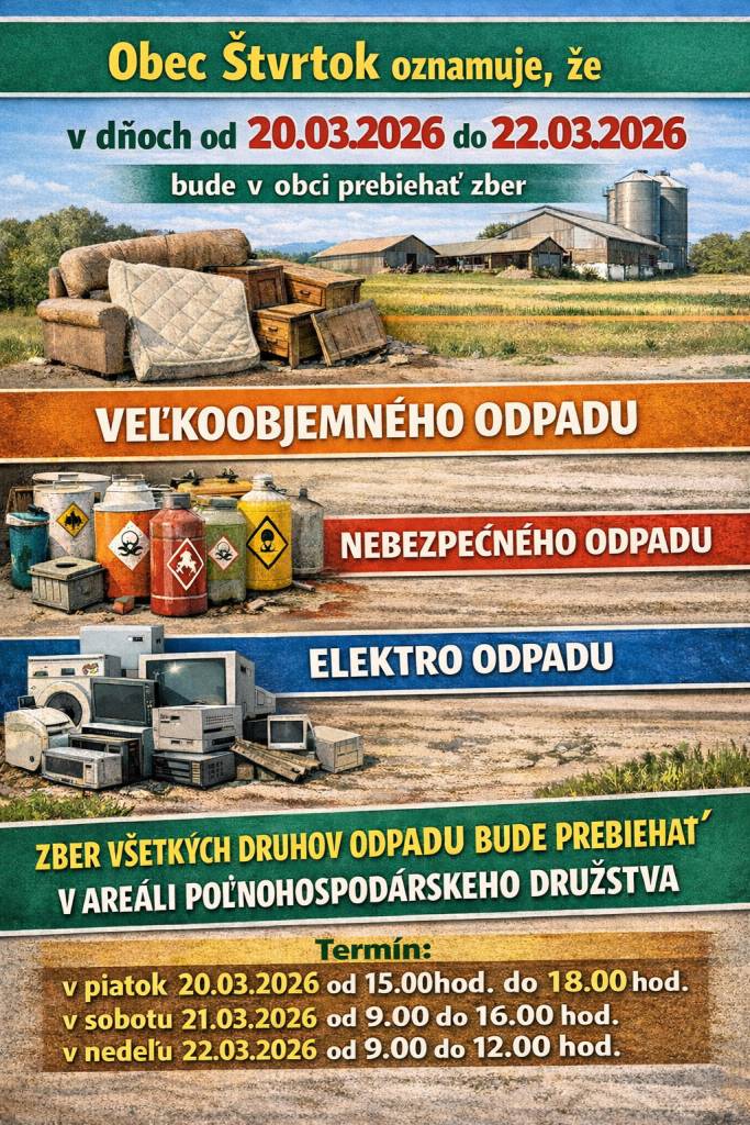 V dňoch od 20.03.2026 do 22.03.2026 bude v obci prebiehať zber veľkoobjemného, nebezpečného a elektroodpadu