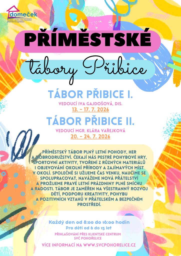 V Přibicích se v červenci 2026 uskuteční dva tábory pro děti ve věku od 6 do 15 let. První tábor, vedený Ivou Gajdošovou, se koná od 13. do 17. července, druhý tábor pod vedením Mgr. Kláry Vařejkové proběhne od 20. do 24. července.