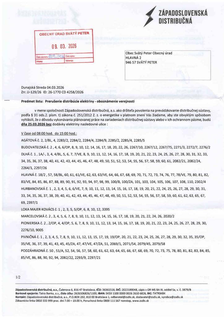 Plánované prerušenie distribúcie elektriny