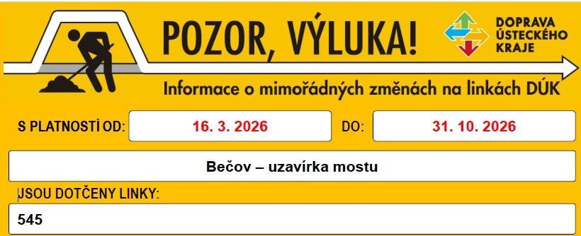 V období jaro - podzim roku 2026 dojde z důvodu rekonstrukce silničního mostu před obcí Bečov ve směru od Volevčic, k úplné uzavírce sinice 3. třídy III/2507. Z důvodu úplné uzavírky silničního mostu přes železniční trať mezi Volevčicemi a Bečovem dochází od 16. 3. 2026 do 31. 10. 2026 k výluce autobusové linky 545. Obce Bečov, Bedřichův Světec, Bělušice a Odolice budou obsluhovány spoji linky 545 prodlouženými z Lužic. Spoje této linky jedoucí z Mostu ve směru Polerady budou ukončeny ve Volevčicích nebo u Elektrárny Počerady. Na lince je zaveden výlukový jízdní řád. V relaci Most – Bečov a Most – Volevčice lze využít také vlakové linky U12 a U13. S ohledem na možnost nenadálých změn v termínu výluky doporučujeme sledovat informace na www.dopravauk.cz. V případě dotazů na aktuální polohu autobusů nebo pro zajištění garantovaných přestupních vazeb kontaktujte Centrální dispečink DÚK na tel. č. 475 657 657.