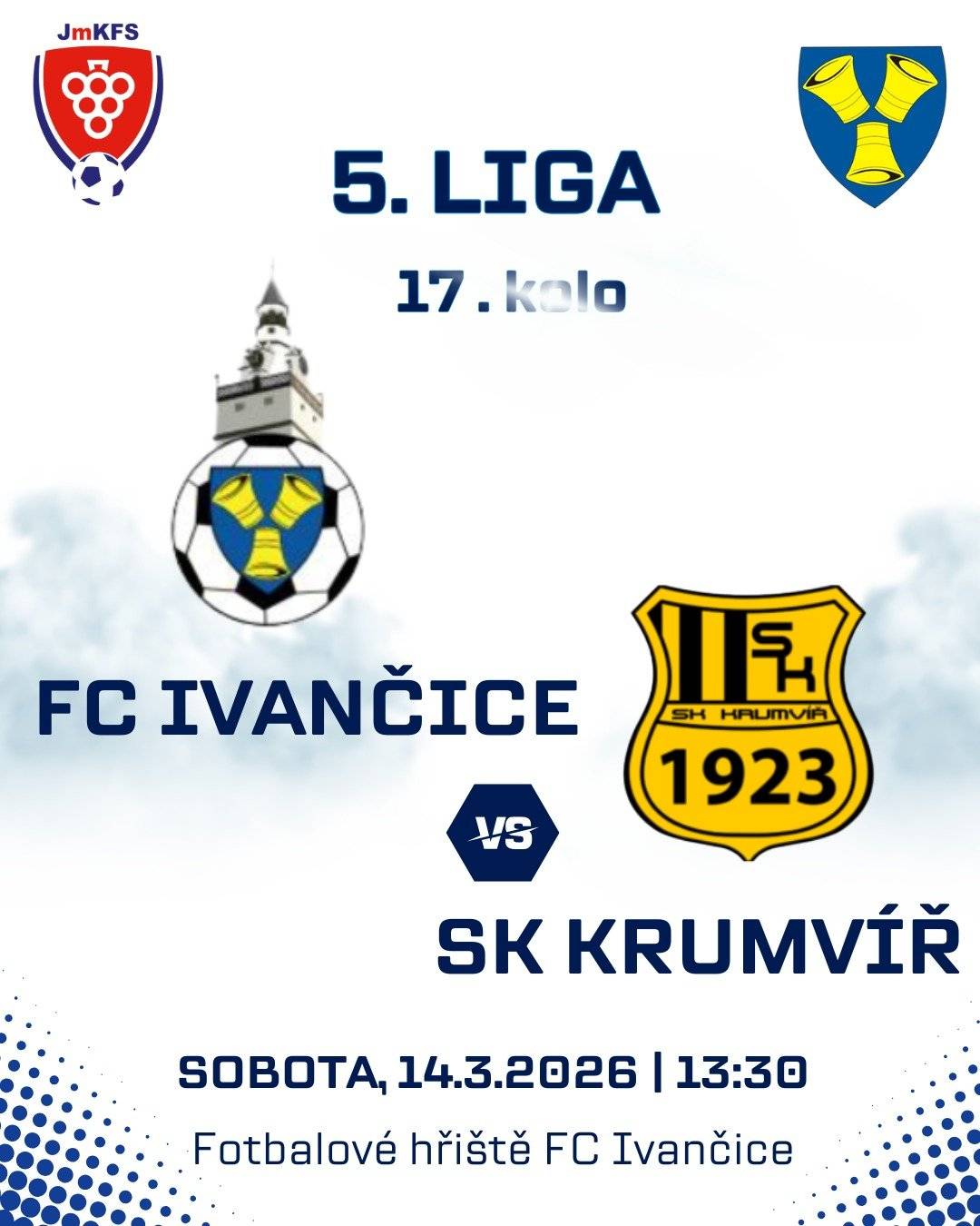 FC Ivančice vás srdečně zve na domácí utkání, ve kterém přivítá SK Krumvíř v sobotu 14. 3. 2026 ve 13:30 hodin na hřišti na Malovansku. Soupeř z Krumvíře se aktuálně nachází na 2. místě tabulky a patří mezi hlavní aspiranty na postup. Ivančický mladý tým tak čeká velmi těžké utkání, ve kterém bude potřebovat podporu z tribun. Přijďte je podpořit.