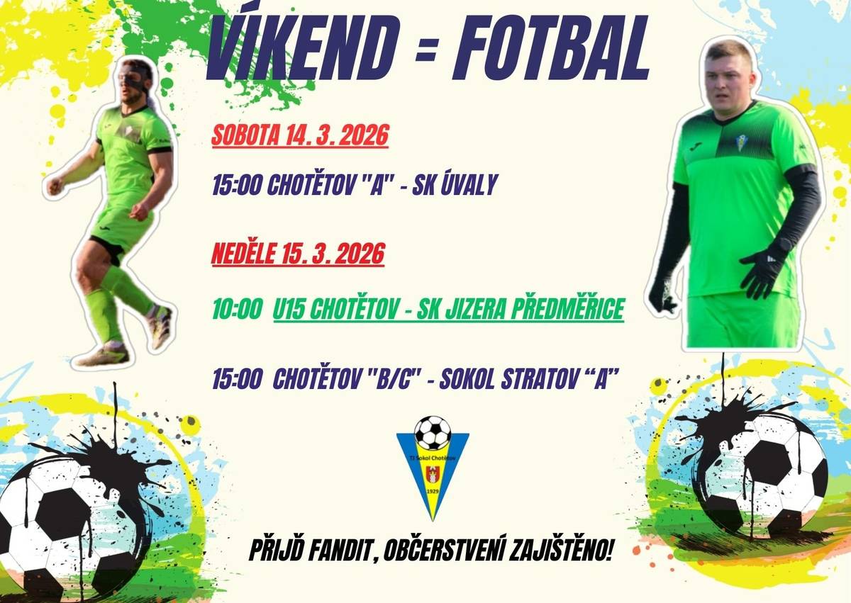 🔔 První jarní domácí fotbalové bitvy se již tento víkend konají ve sportovním areálu Městyse Chotětov. V sobotu přivítá v mistrovském utkání "A" mužstvo tým Úval. V neděli se sehrají dvě přátelská utkání týmu v kategorii U15 a smíšeného týmu mužů "B/C". Přijďte fandit TJ Sokol Chotětov ⚽.