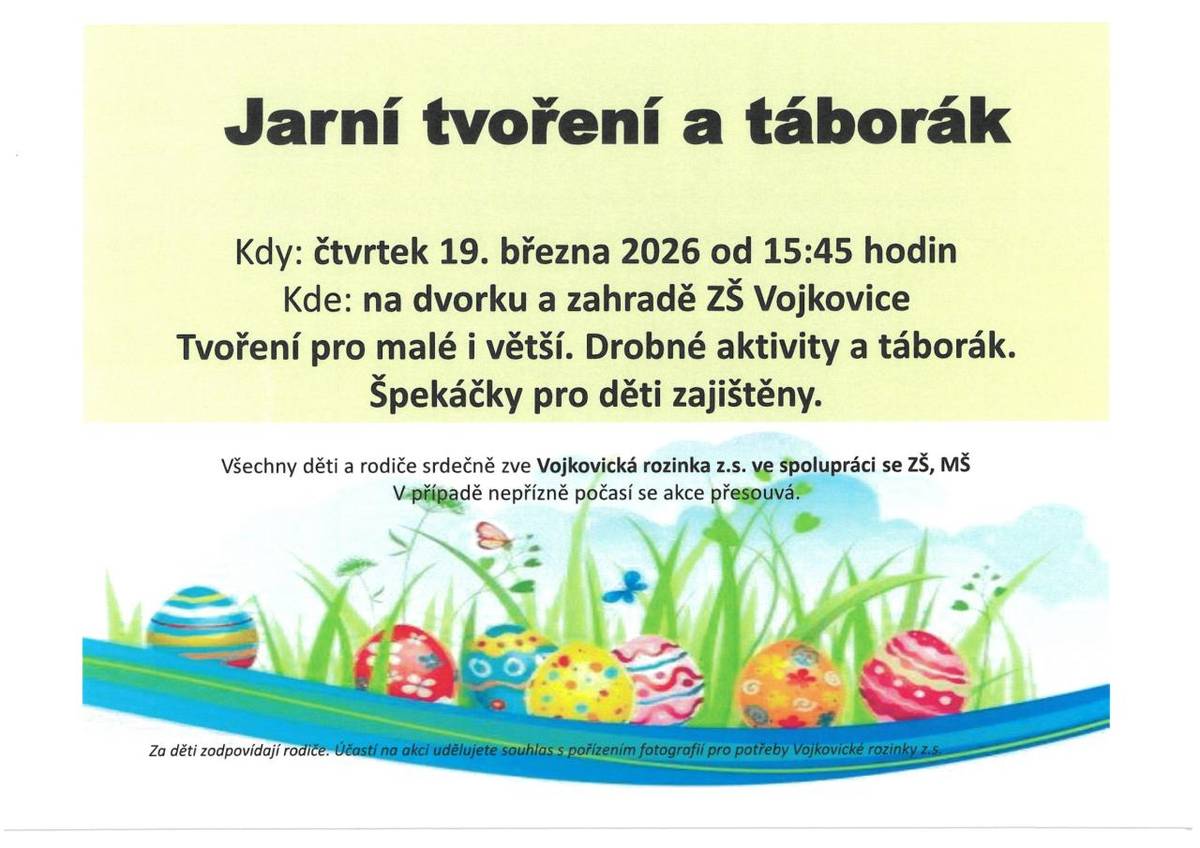 Tvoření pro malé i větší děti  na dvorku a zahradě ZŠ Vojkovice ve čtvrtek 19. 3. 2026 od 15:45 hod.